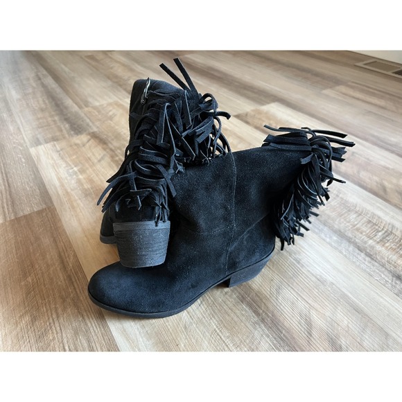Reba Boots Womens Size 8.5 Black Suede Fringe Western Knee High Zip Cowboy - Picture 5 of 8
